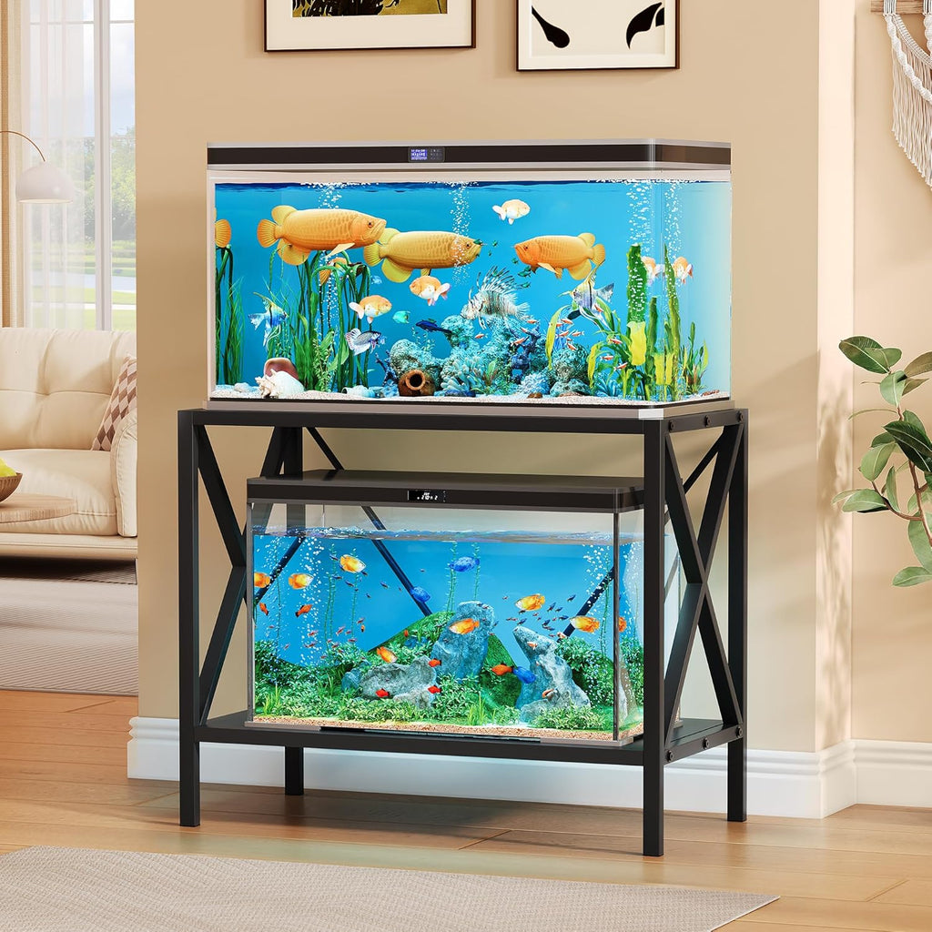 DWVO 10-40 Gallon Fish Tank Stand, Aquarium Stand with 2-Tier Storage Shelf, Heavy Duty Reptile Breeder Turtle Tank Terrarium Rack Table for Home Office, Black, X-Shape