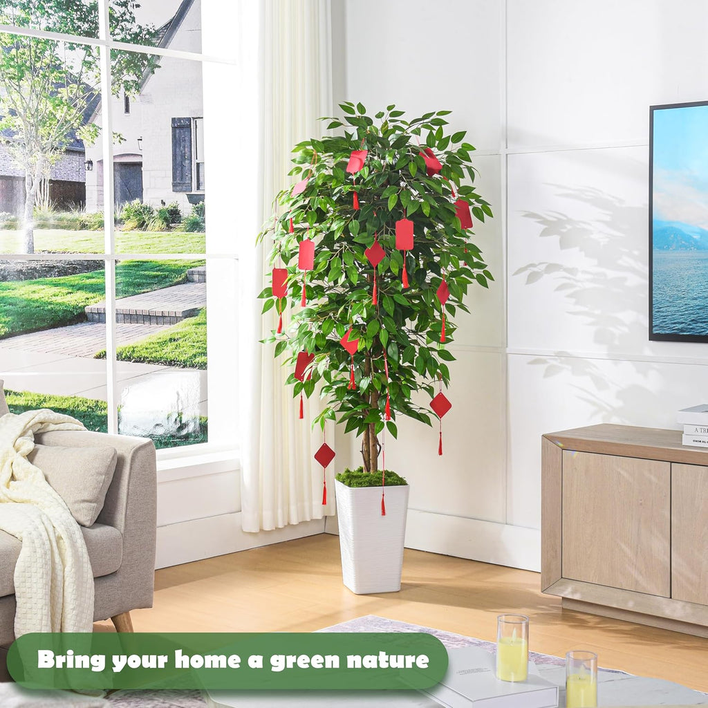Artificial Ficus Tree 6FT Faux Floor Tree with Planter UV Resistant Potted Fake Silk Plant, Real Wood Trunk-Indoor Outdoor Lifelike Fake Ficus Tree for Home, Living Room Bedroom Topiary Tree