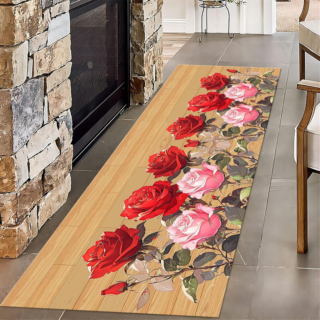 Modern Rose Flower Runner Rug, 1.3x7ft, Vintage Wood Board Plant Flower Bedroom Area Rugs, Breathable Reduce Noise Kitchen Rug, Printed Fade Resistant Durable Carpet for Indoor Entry