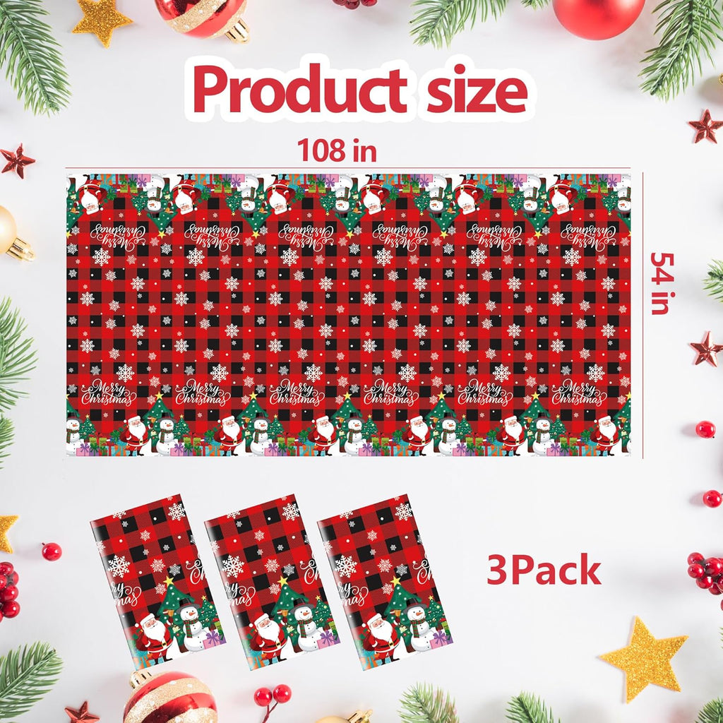 3 Pack Plastic Christmas Tablecloth Red Black Plaid Table Cover Snowman Santa Claus Table Cloth for Xmas Decorations Winter Holiday Party Supplies