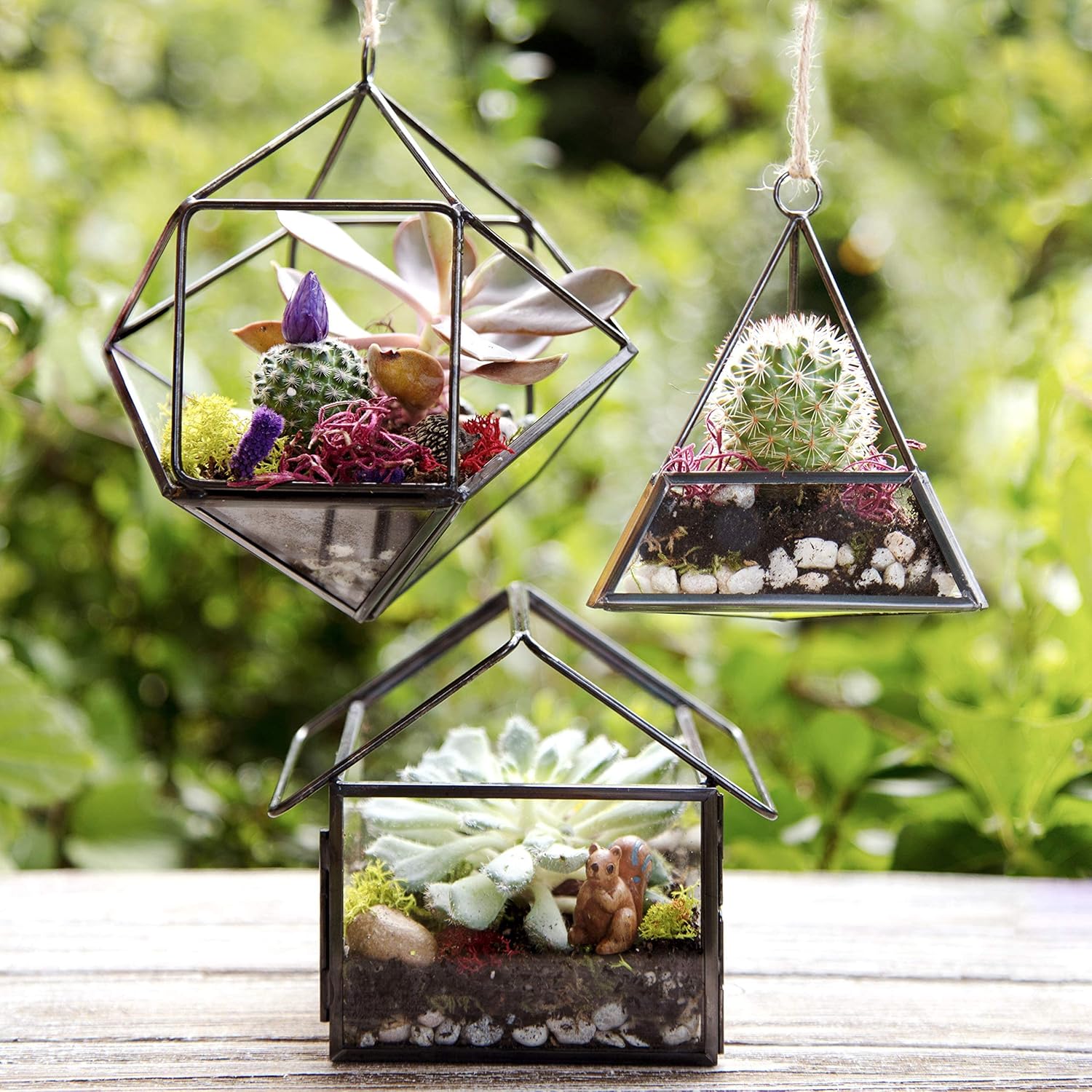 D'Eco Glass Mini Geometric Plant Terrariums, 3Pk- Hanging Triangle, House & Prism Planters for Home Decor - Fill w/Succulents, Holiday Decorations, Mini Trees & Ornaments- Xmas Gift for Plant Lovers