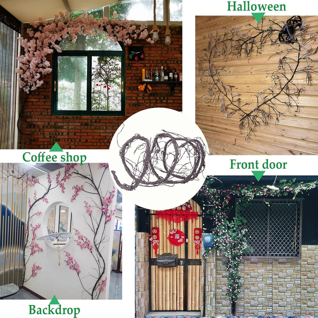 300cm/118inch Flexible Brown Medium Artificial Tree Branches Fake Tree Trunk Garland Rattan Wreath Cherry Blossom Grape Vines Floral for Wall Hanging Front Door Reptile Habitat Decoration