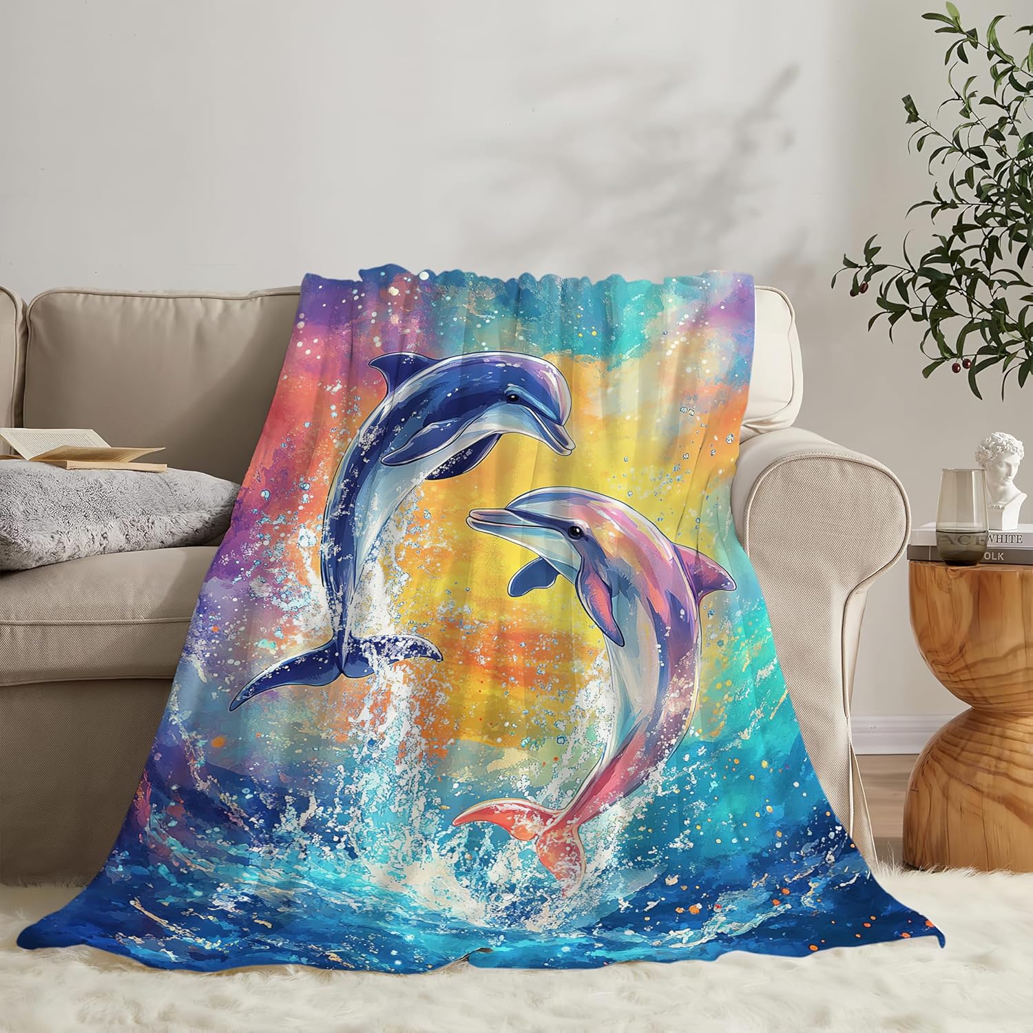 Dolphin Throw Blanket Dolphin Stuff Gifts for Kids Girls Boys Adults Women Man Soft Cozy Warm Plush Fluffy Fuzzy Fleece Blanket Decor 60''X80''