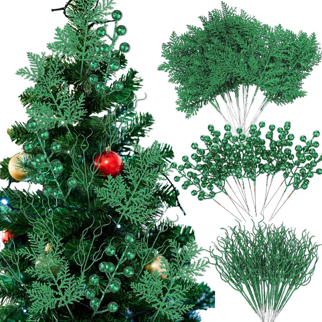 75 Pcs Christmas Glitter Branches 3 Styles Artificial Christmas Picks Berries Stems Pine Needles Floral Twig Spray for Xmas Tree Ornaments DIY Wreath Garland(Green)