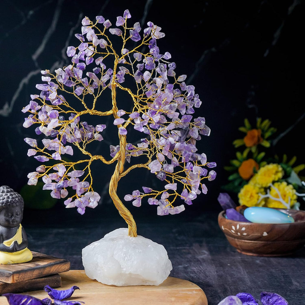 Amethyst Gemstone Tree - Chakra Tree of Life, Natural Quartz Stone Base, Crystal Tree for Positive Energy, Feng Shui Money Bonsai - Attract Good Luck, Holistic Home Decor - Gem Stone Tree 10-12"