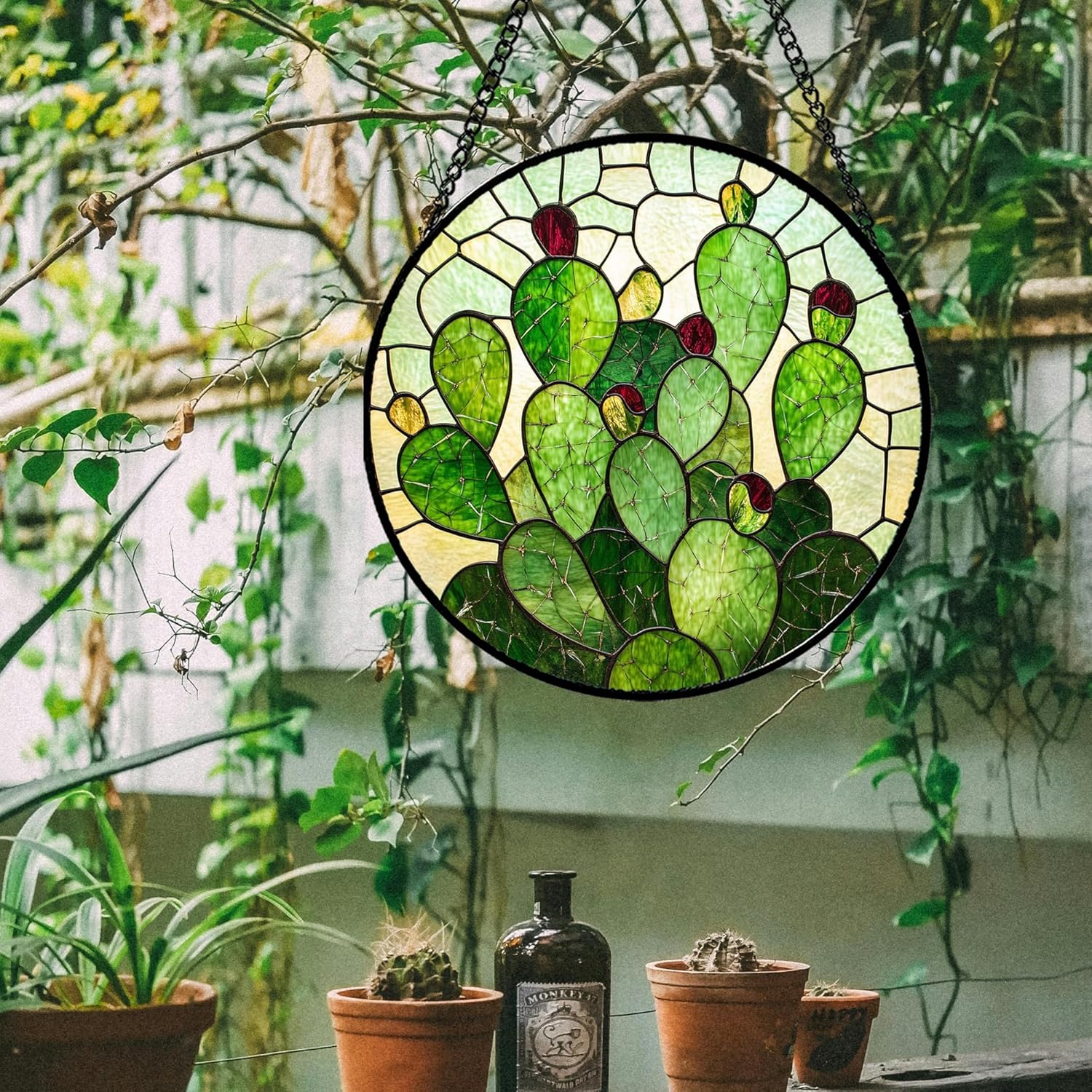 Stained Glass Window Hanging - Green Plants Cactus Suncatcher for Doors Garden Patio Sun Catchers Decor Christmas Mother's Day Birthday Gifts for Women Men Mom Nana Friend Wife 9.8 in