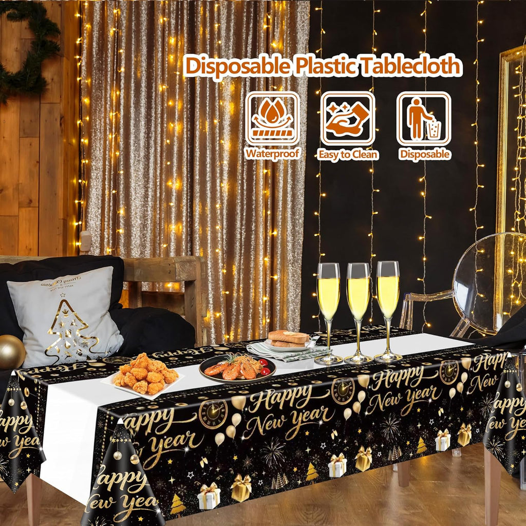 3 Pieces Happy New Year Tablecloths Plastic Disposable Table Covers for Happy New Year Party Theme Decorations Supplies 54 x 108 Inch