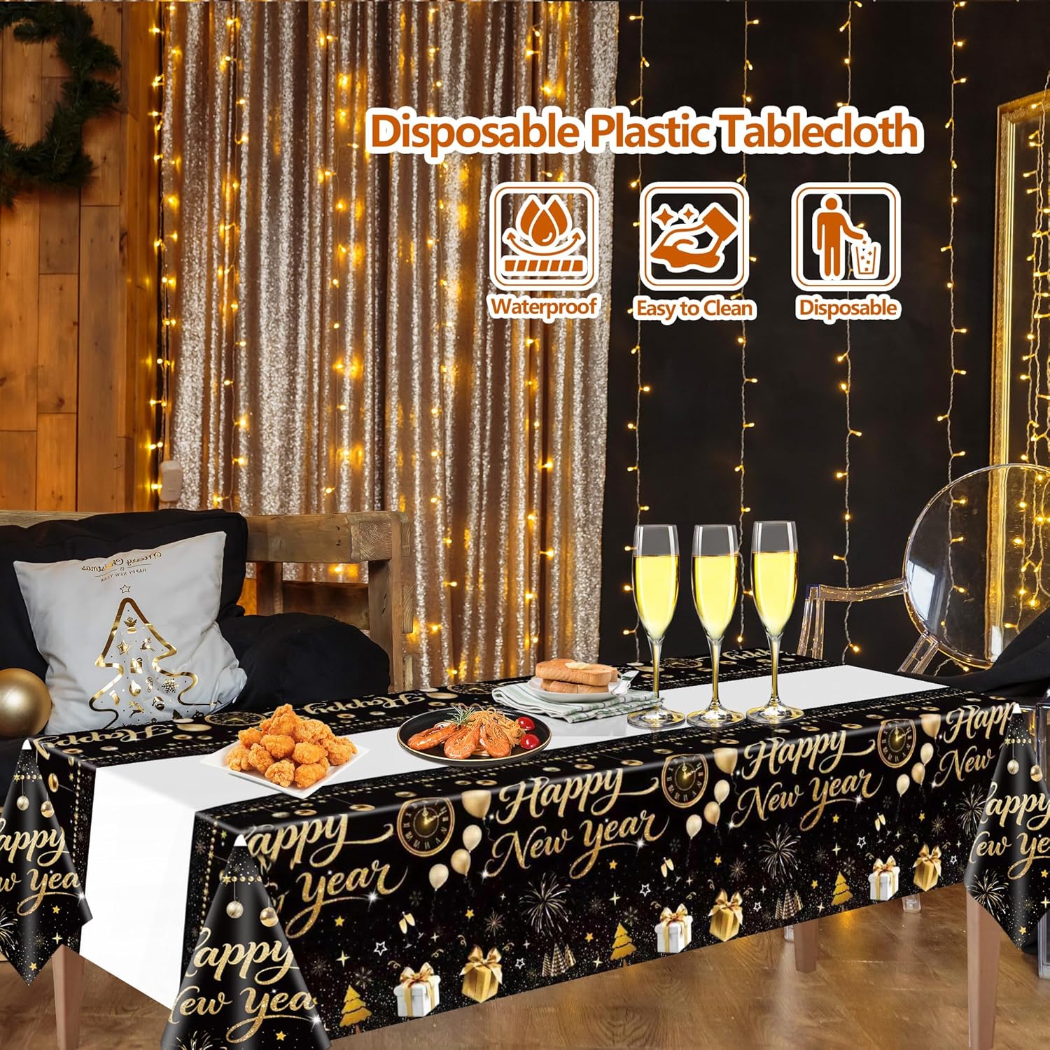 3 Pieces Happy New Year Tablecloths Plastic Disposable Table Covers for Happy New Year Party Theme Decorations Supplies 54 x 108 Inch