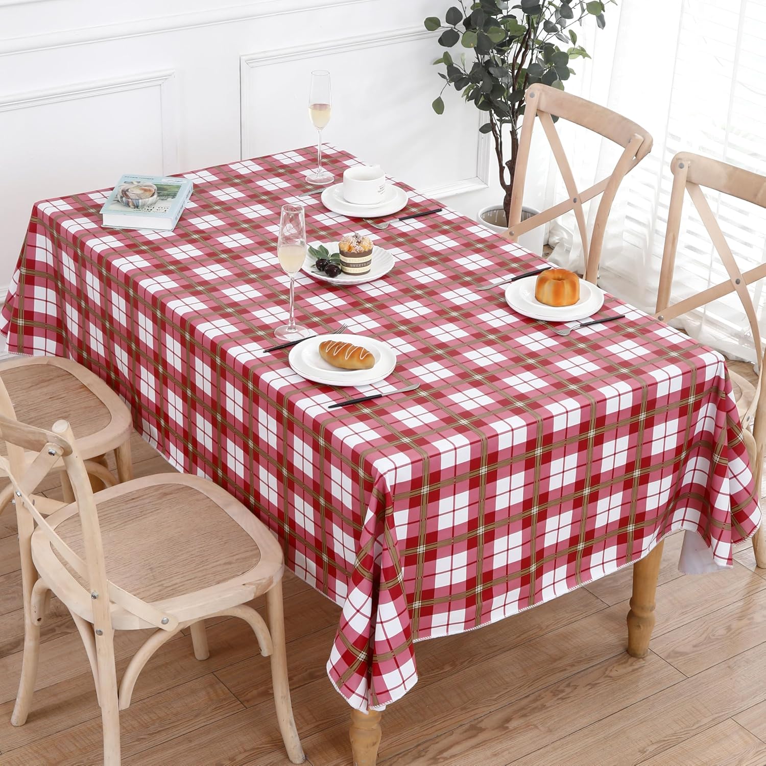 Walrus Heavy Duty Vinyl Tablecloth with Flannel Backing Waterproof Oil-Proof Plastic Table Cloth Stain-Resistant Wipeable Rectangle or Square Table Cover for Indoor and Outdoor (Lattice,60x84 Inch)