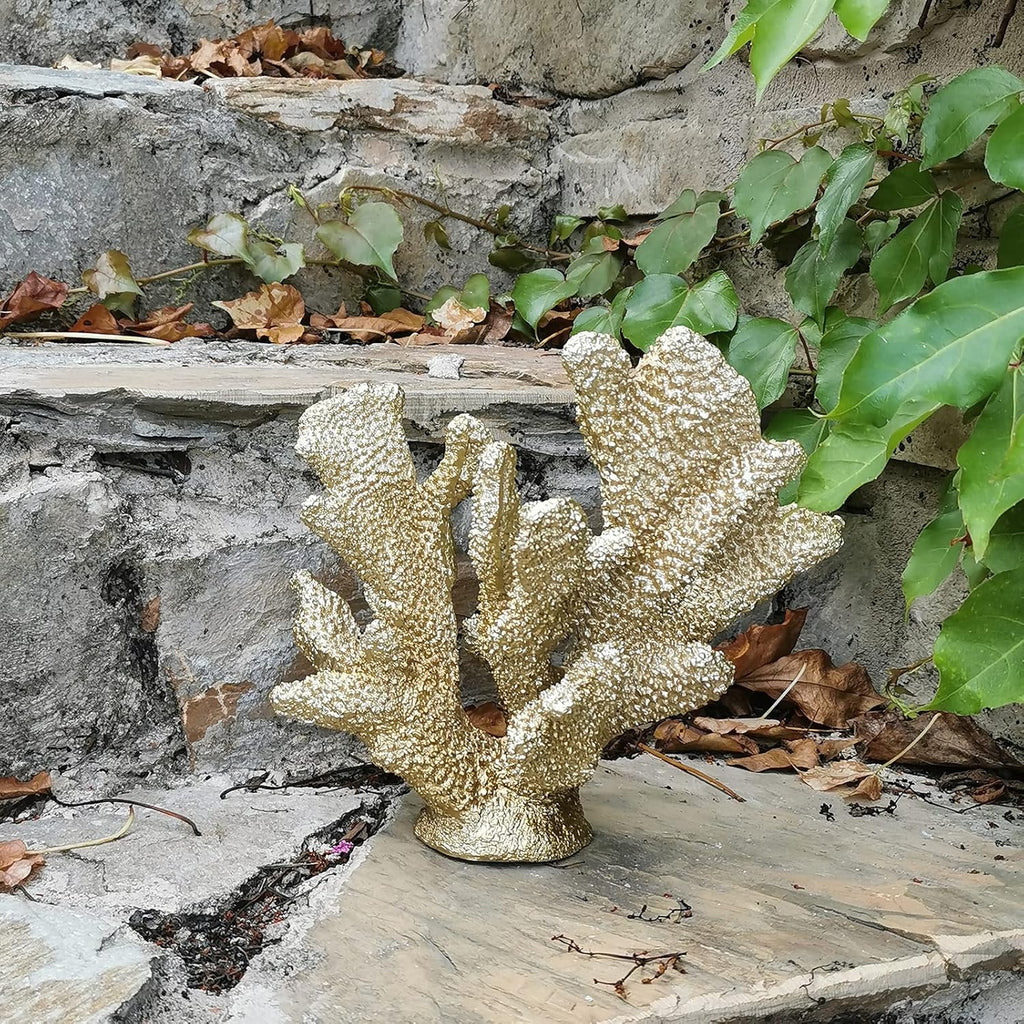Gold Coral Decor Faux Artificial Coral Reef Resin Nautical Decoration Tabletop Home Living Room Decor (7.8in Tall)