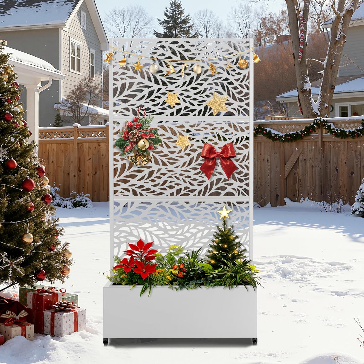 FENCY Metal Raised Garden Bed with Wheels and Trellis,73"x35"x16" Planter Box for Climbing Plants, Vegetables & Vines, Features Privacy Screen and Drainage Holes (White-Leaf)