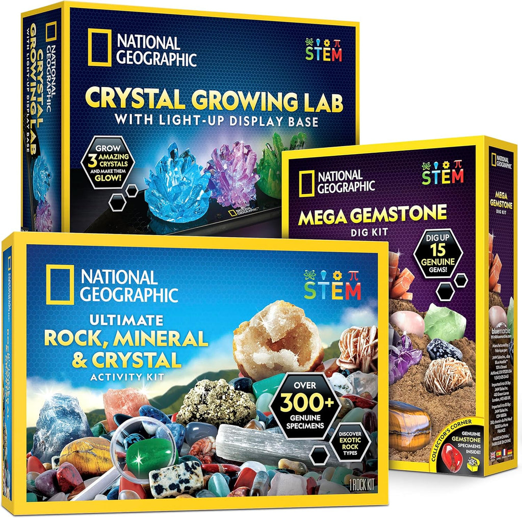 National Geographic Geology Bundle – Including Rock Collection Box for Kids, Crystal Growing Kit, and Gemstone Dig Kit, Real Gemstones and Crystals, Science Kit for Boys and Girls (Amazon Exclusive)