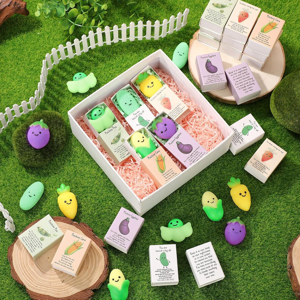 Wettarn 25 Sets Positive Gifts Vegetable Stress Balls with Support Gift Boxes Inspirational Party Favors for Employee Coworker Friends Office Appreciation Relief Toys