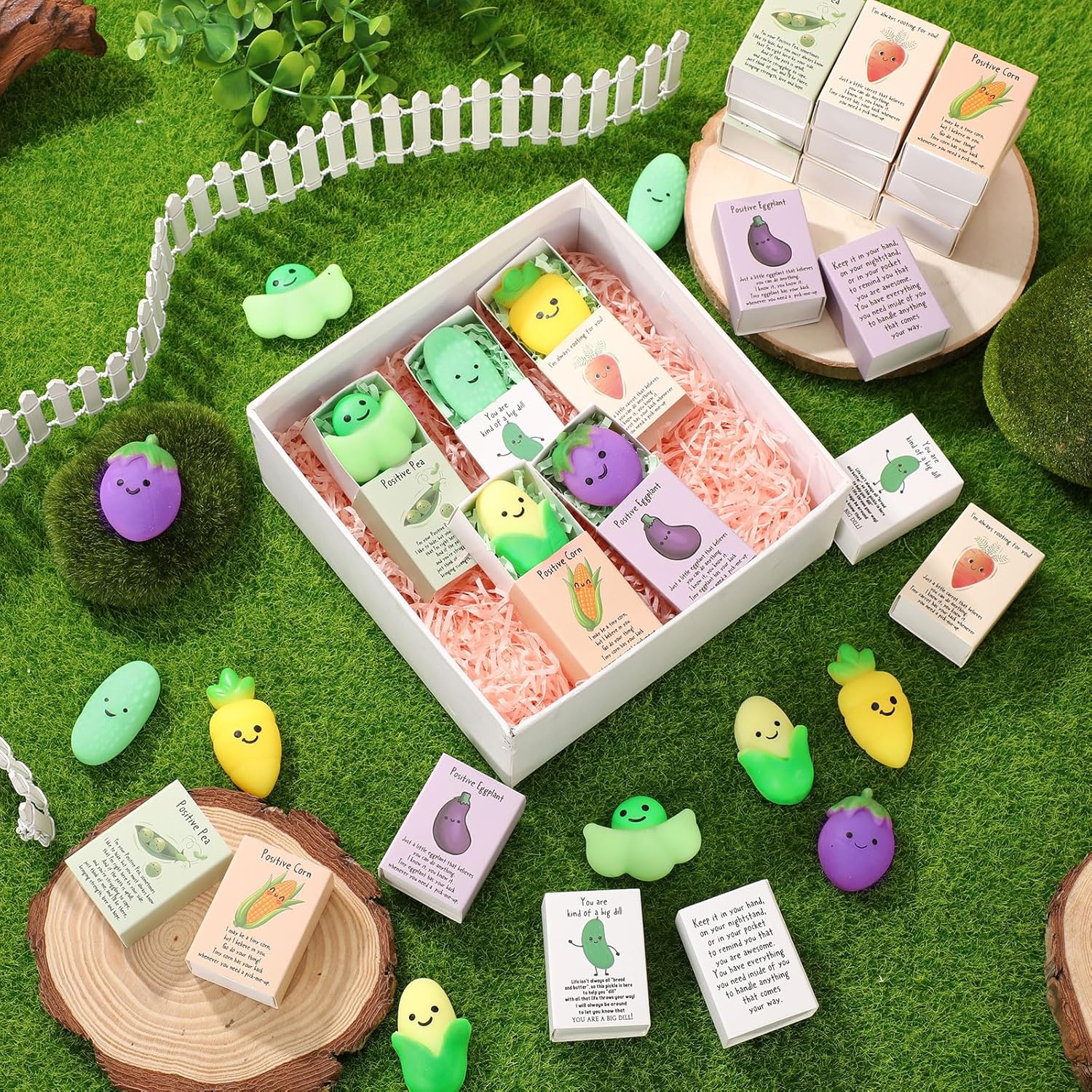Wettarn 25 Sets Positive Gifts Vegetable Stress Balls with Support Gift Boxes Inspirational Party Favors for Employee Coworker Friends Office Appreciation Relief Toys