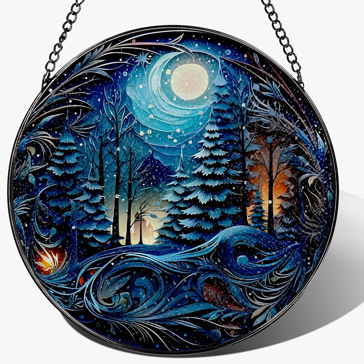 8-Inch Starry Night Forest Suncatcher Ornament, Stained Glass Window Hanging & Stained Glass Holiday Ornament, Sun Catcher Window Decor — Magical Gift for Nature Lovers, Gifts for Christmas & Holidays