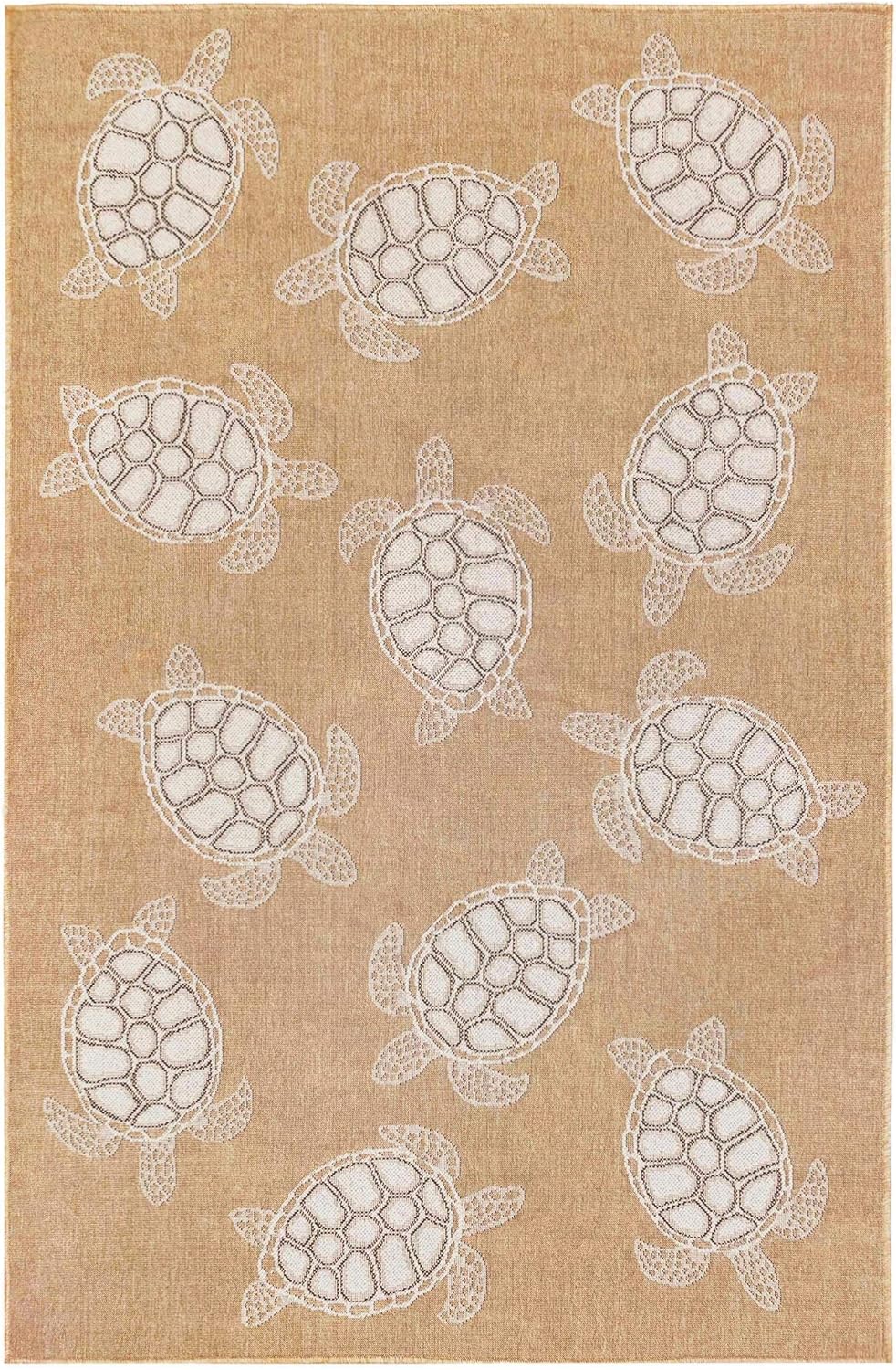 Liora Manne CARMEL Indoor/Outdoor Power Loomed Synthetic Blend Low Profile Area Rug - Transitional Coastal Turtle Decorative (Seaturtles Sand) (6'6" x 9'4")