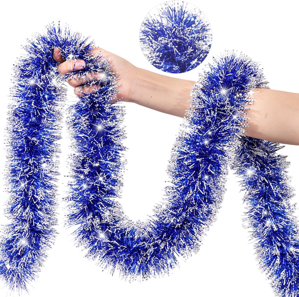 50 Feet Blue White Christmas Tinsel Garland Christmas Decorations, Thick Metallic Twist Shiny Hanging Tinsel Garlands for Xmas Tree Decor Stairs Mantle Fireplace Home Indoor Holiday Party Supplies