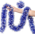 50 Feet Blue White Christmas Tinsel Garland Christmas Decorations, Thick Metallic Twist Shiny Hanging Tinsel Garlands for Xmas Tree Decor Stairs Mantle Fireplace Home Indoor Holiday Party Supplies