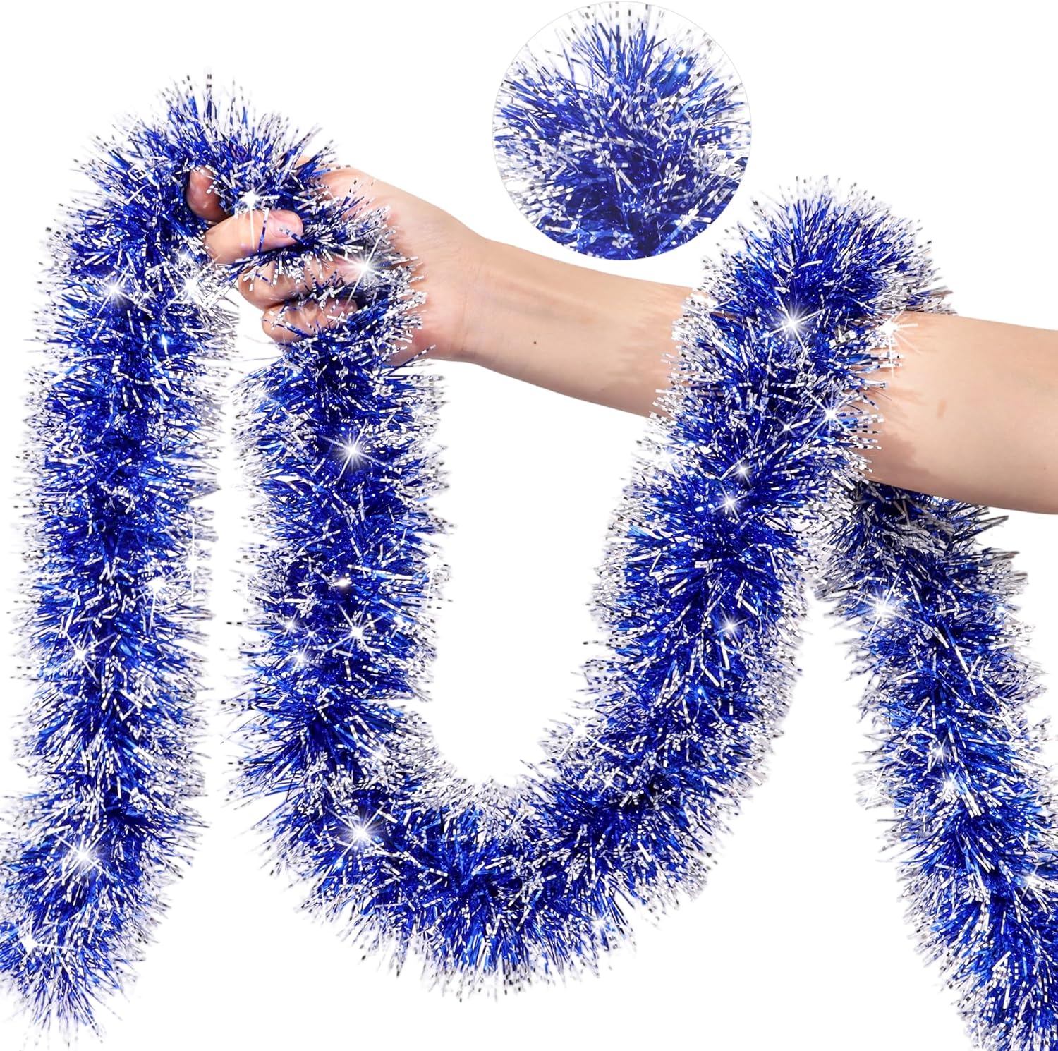 50 Feet Blue White Christmas Tinsel Garland Christmas Decorations, Thick Metallic Twist Shiny Hanging Tinsel Garlands for Xmas Tree Decor Stairs Mantle Fireplace Home Indoor Holiday Party Supplies