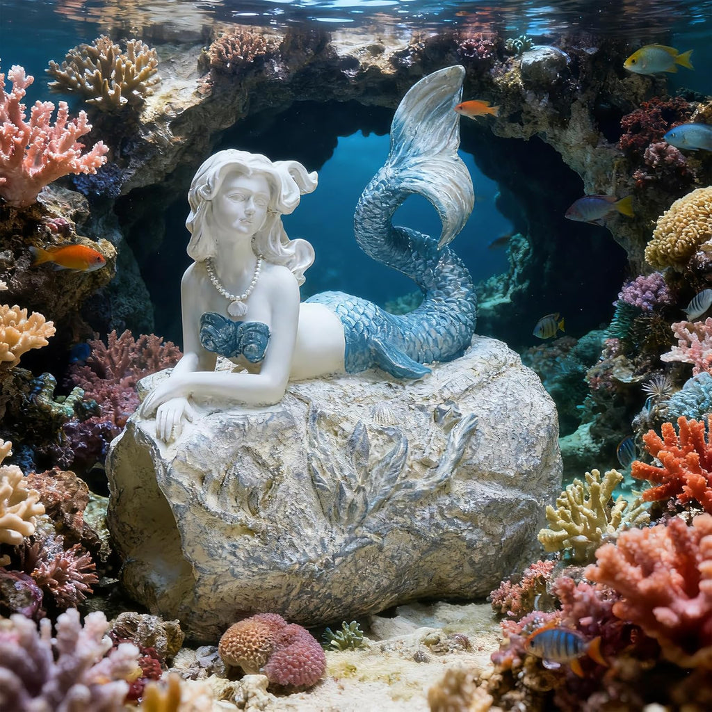 Teaeeno Faux Log Fish Cave, Predator Control and Decorative Shelter for Koi and Fish, Ponds, Aquariums, and Terrariums, Mermaid Statue Decor, Mermaid Decoration Sculptures