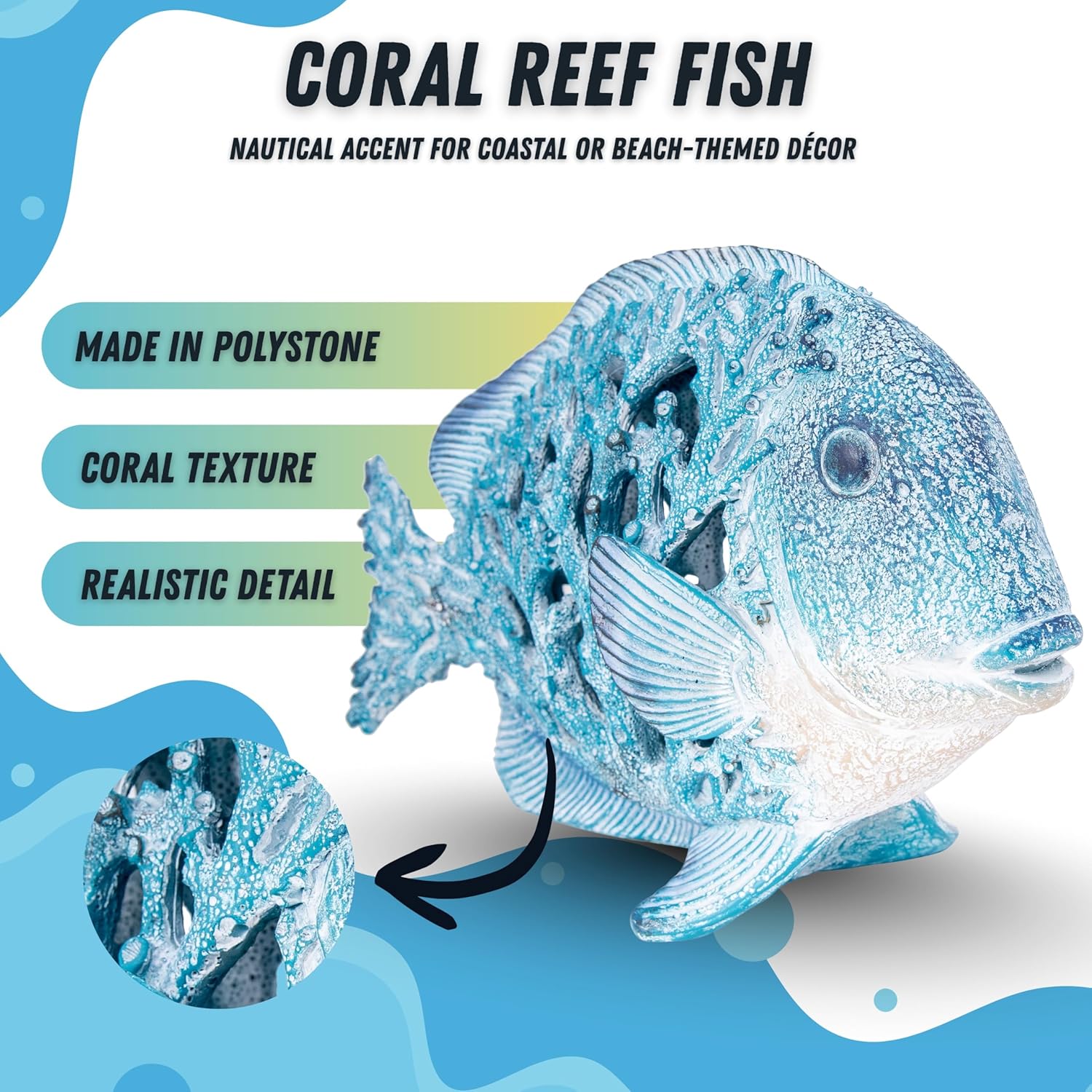 Coral Reef Fish Figurine Coastal Home Decor Ocean Themed Accent for Shelf, Countertop & Centerpiece 12 1/2 in (Blue)