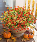 HyeFlora Artificial Fall Flowers Faux Mums for Outdoor Indoor Garden Home Decoration, Faux Flower Daisy with Eucalyptus Leaves Fake Mums Plants Greenery Boxwood Porch Patio, 12 Bundles (OrangeYellow)