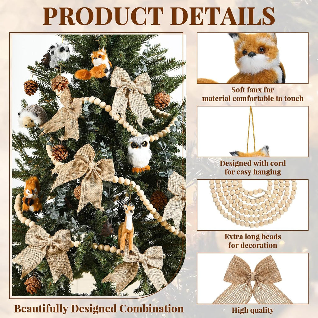 Jenaai 55 Pcs Woodland Christmas Ornaments Set with 6 Woodland Animals Ornaments 10ft Wood Bead Garland 12 Burlap Bows Pine Cones 12 Tree Shaped Bell Pendant & Leaf Artificial for Forest Animals Decor