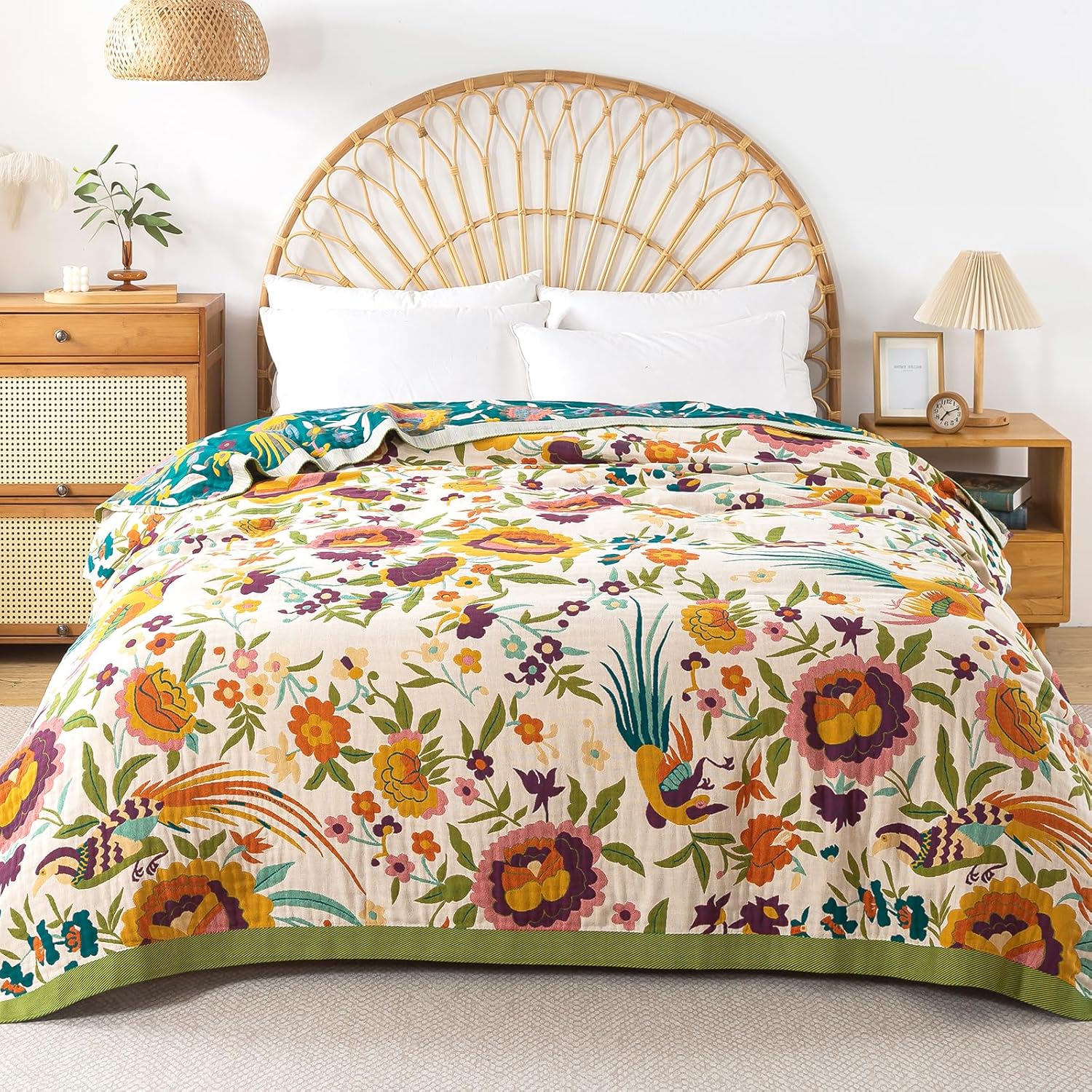 Boho Throw Blanket for Bed, 100% Pure Cotton Ultra Soft Rustic Quilt, Farmhouse Decor Bed Blankets, All Season Rustic Throw for Sofa Couch Chair(80"x 90", Boho Floral)
