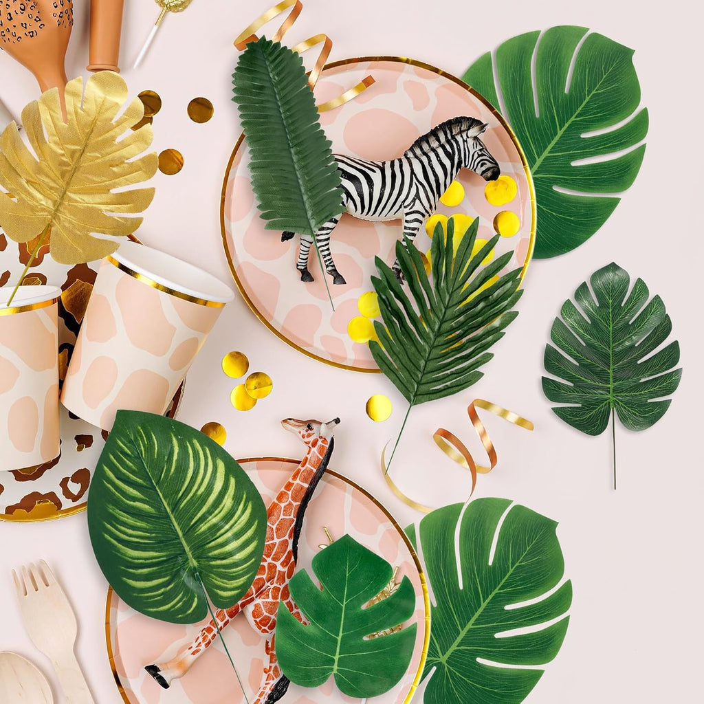 Sggvecsy 64 Pieces 8 Kinds Artificial Tropical Palm Leaves Tropical Leaves Monstera Leaves Safari Jungle Leaf with Stems for Hawaiian Luau Party Beach Table Wedding Shower Birthday Theme Decorations