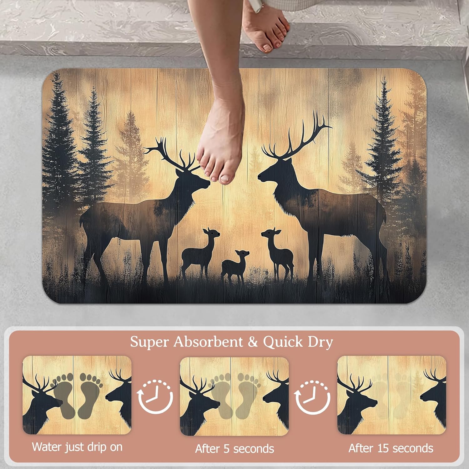 Non Slip Bath Mat,Deer Trees Bathroom Decor,Forest Diatomaceous Bath Mat Quick Dry Absorbent Bathroom Rugs-Shower Rug for Kitchen Laundry Bathtub Shower 17"x29.5"