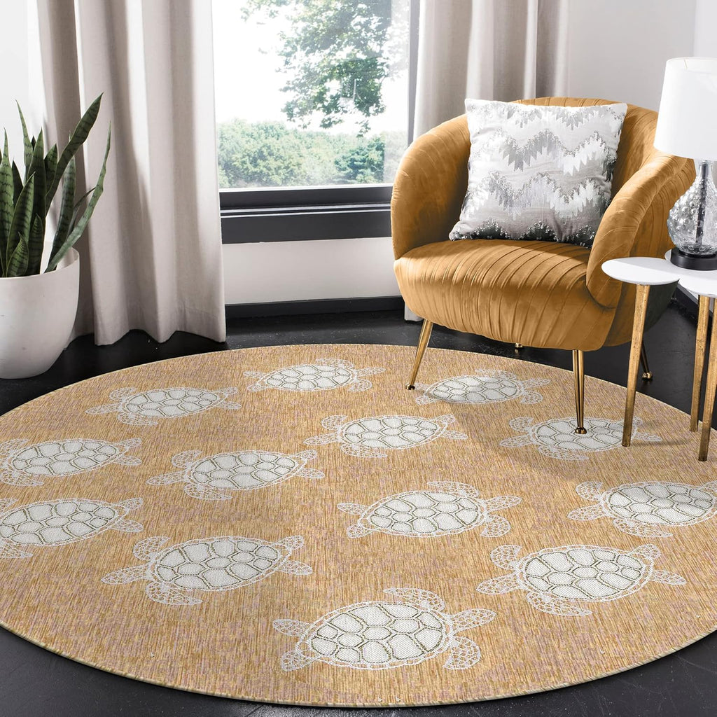 Liora Manne CARMEL Indoor/Outdoor Power Loomed Synthetic Blend Low Profile Area Rug - Transitional Coastal Turtle Decorative (Seaturtles Sand) (7'10" Round)