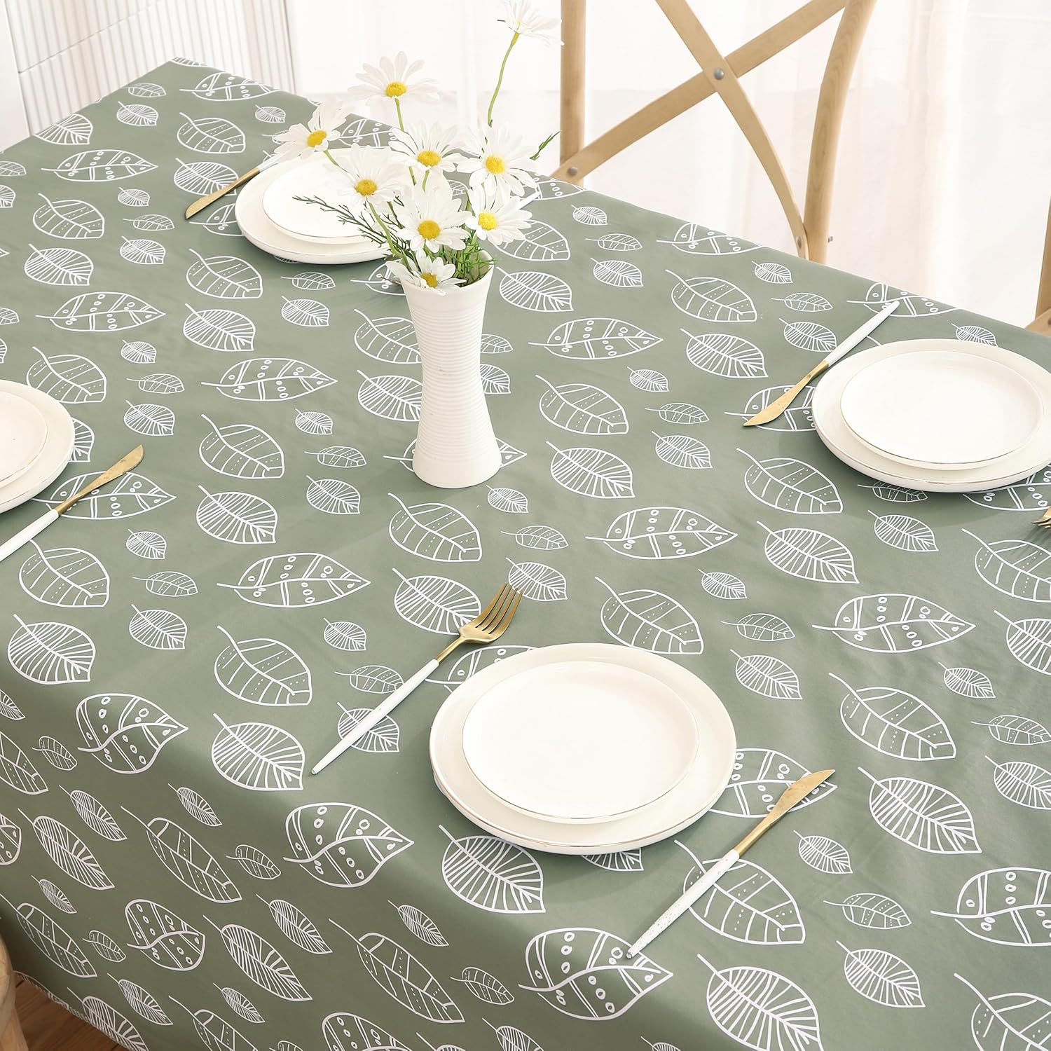 Walrus Heavy Duty Vinyl Tablecloth with Flannel Backing Waterproof Oil-Proof Plastic Table Cloth Stain-Resistant Wipeable Rectangle or Square Table Cover for Indoor and Outdoor (Leaf, 54X54 Inch)