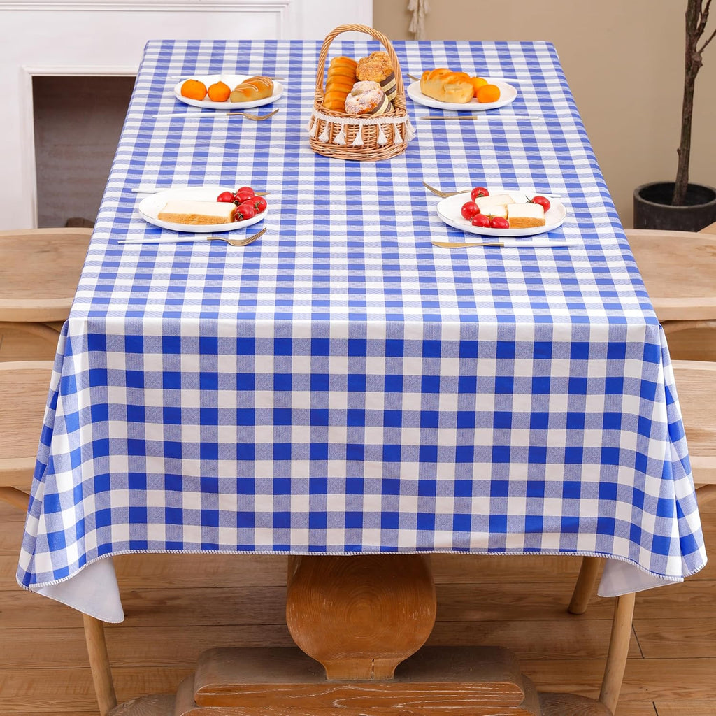 Heavy Duty Vinyl Tablecloth with Flannel Backing Waterproof Oil-Proof Plastic Table Cloth Stain-Resistant Wipeable Rectangle or Square Table Cover for Indoor and Outdoor (Blue Checkered, 52x70 Inch)