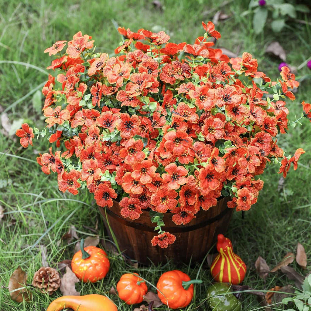 HyeFlora Artificial Fall Flowers Faux Mums for Outdoor Indoor Garden Home Decoration, Faux Flower Daisy with Eucalyptus Leaves Fake Mums Plants Greenery Boxwood Porch Patio, 12 Bundles (Orange)