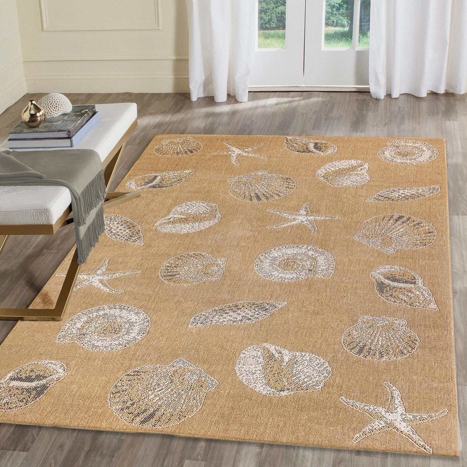 Liora Manne CARMEL Indoor/Outdoor Power Loomed Synthetic Blend Low Profile Area Rug - Transitional Coastal Seashell Decorative (Shells Sand) (6'6" x 9'4")