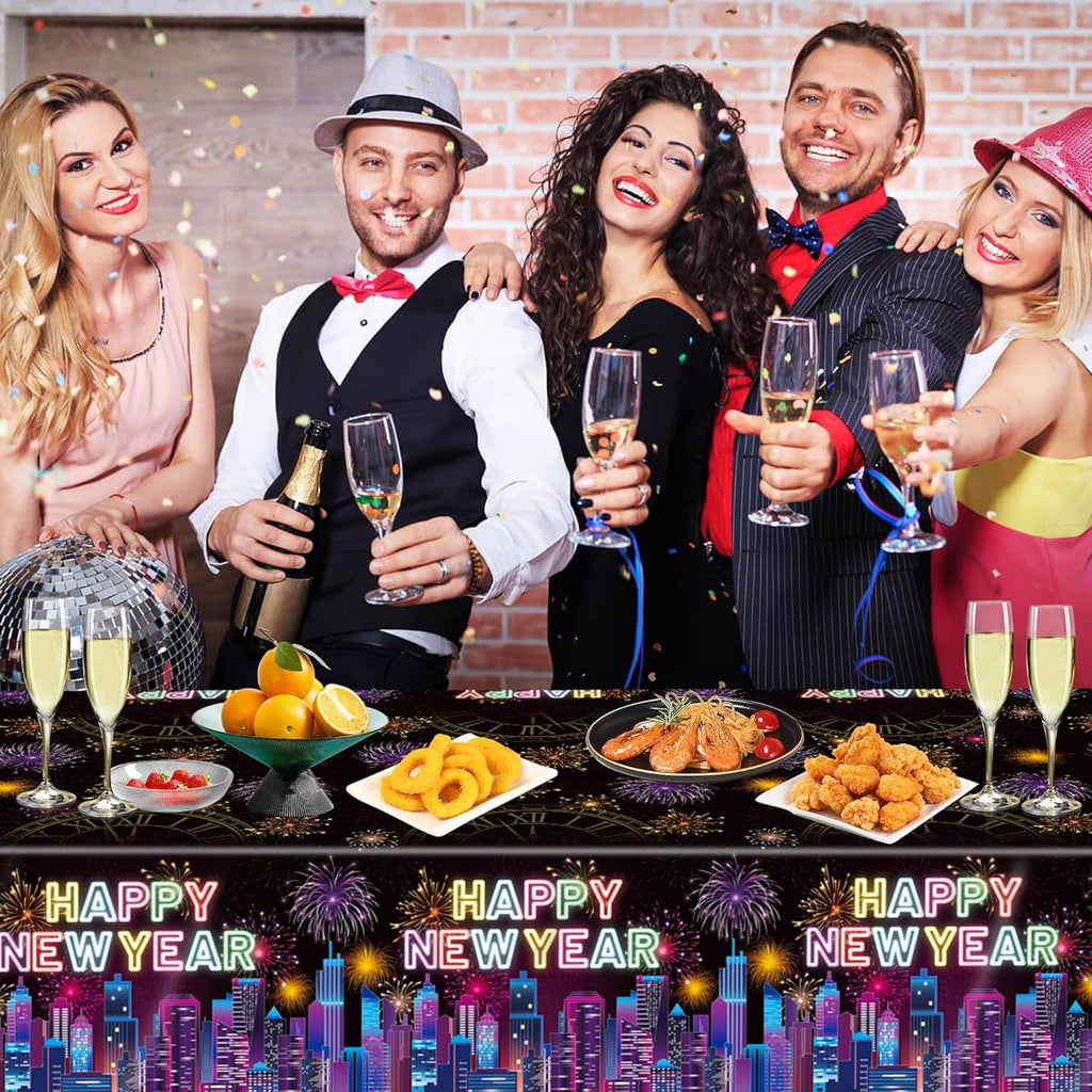 New Years Tablecloth Disposable Plastic Happy New Year Table Cover Colorful Fireworks Tablecloth for NYE Party Decor Favors Supplies 3Pcs 54" X 108"