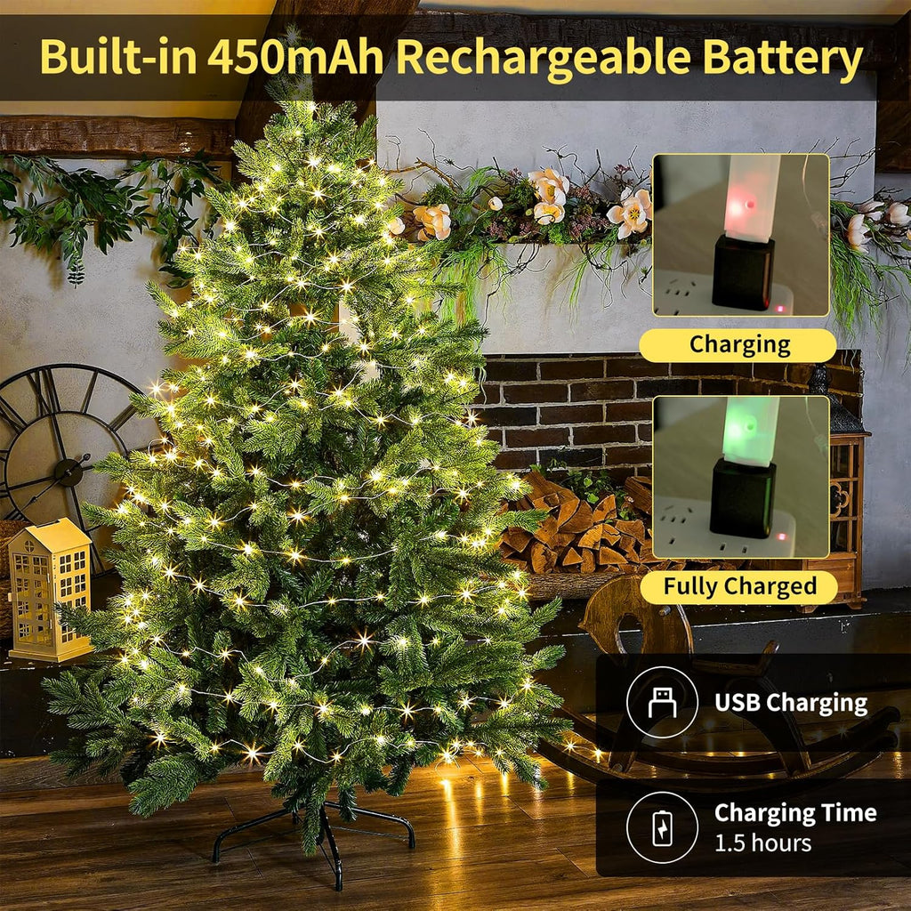 Rechargeable Fairy Lights Battery Operated, 33ft 100 LEDs String Lights with Remote, Waterproof, Mini Twinkle Lights for Bedroom, Christmas, Wedding, Indooor Outdoor Decor, Warm White