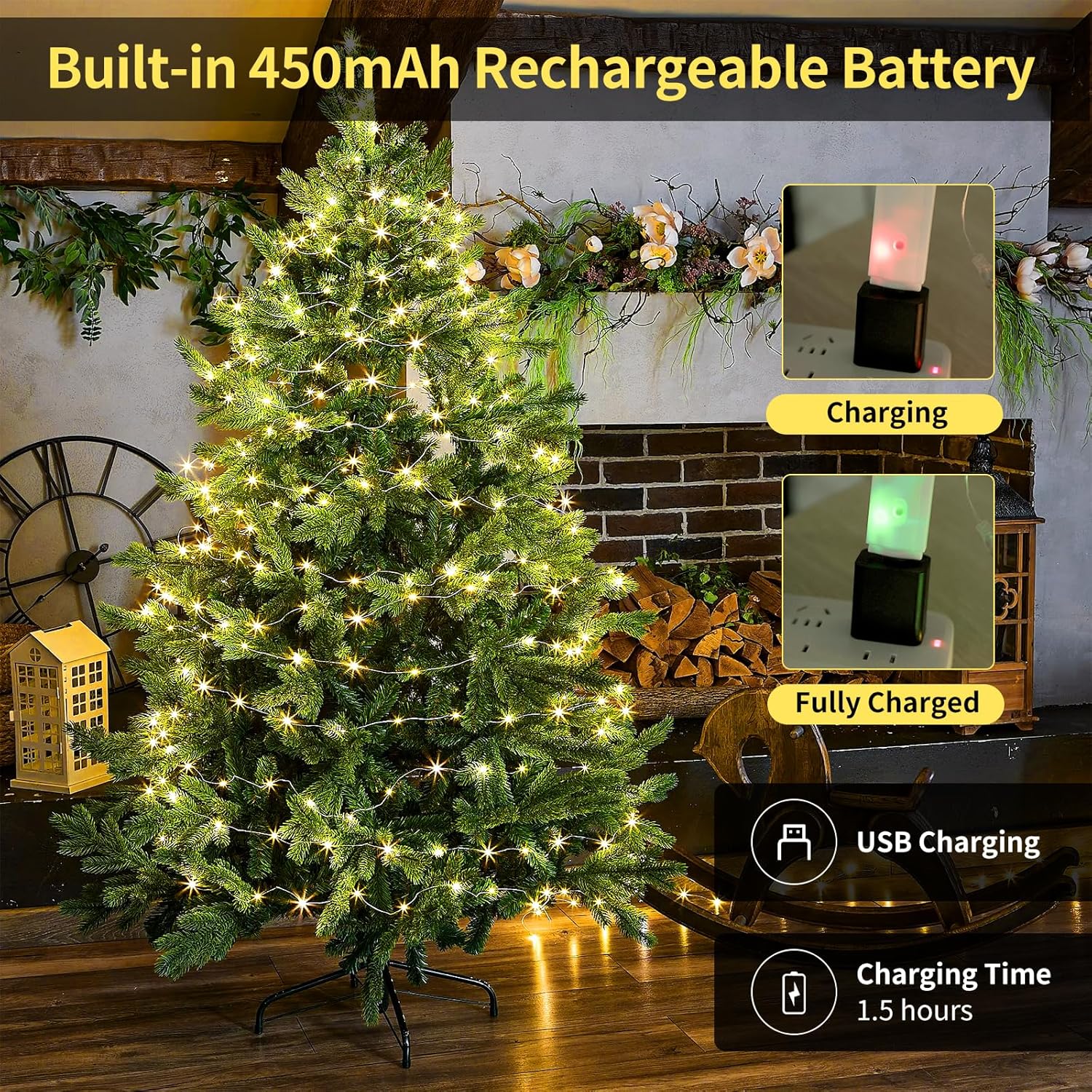 Rechargeable Fairy Lights Battery Operated, 33ft 100 LEDs String Lights with Remote, Waterproof, Mini Twinkle Lights for Bedroom, Christmas, Wedding, Indooor Outdoor Decor, Warm White
