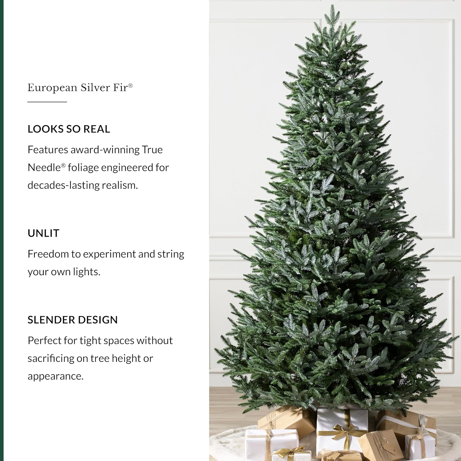 Balsam Hill European Silver Fir - Elegant Artificial Christmas Tree with True Needle Foliage Available Unlit or with LED Clear Lights, Unlit, 5'