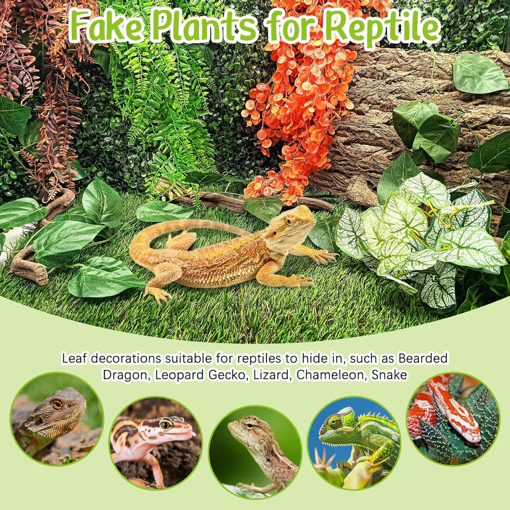 Hamiledyi Reptile Plants Tank Habitat Decorations Fake Hanging Vines 5 Pcs Artificial Leaves Habitat Decorations with Suction Cup for Bearded Dragon, Leopard Gecko, Lizard, Chameleon, Snake (Green)