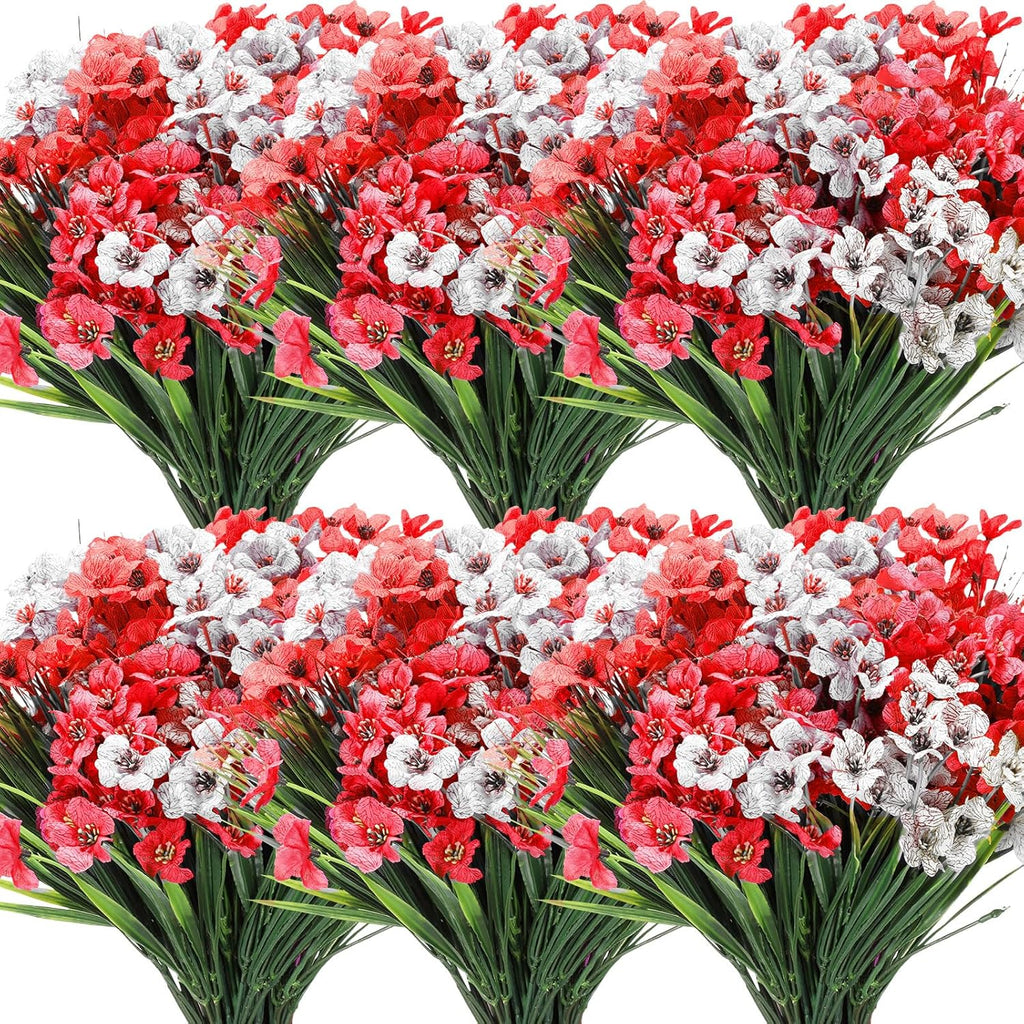 Lyrow 100 Bundles Violet Artificial Flowers, UV Resistant Faux Flowers Outdoor, Faux Silk Flowers, Fake Violet Flowers Bulk for Front Porch Hanging Garden Courtyard Farmhouse Home(Red, White)