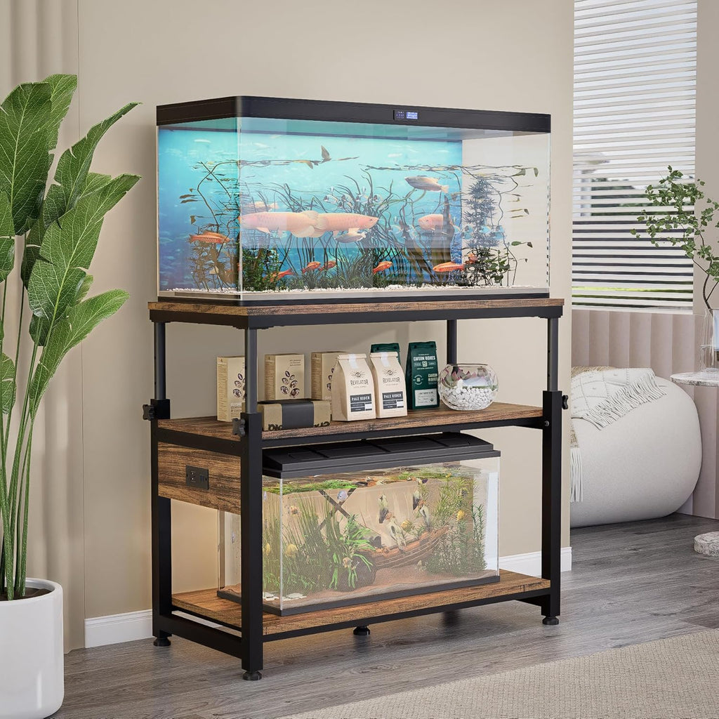 30-40-50 Gallon Aquarium Stand with Storage, 3-Tier Metal Fish Tank Stand with Power Outlet & Adjustable Height, Heavy Duty Turtle Tank Stand for Living Room Bedroom Office, Rustic Brown