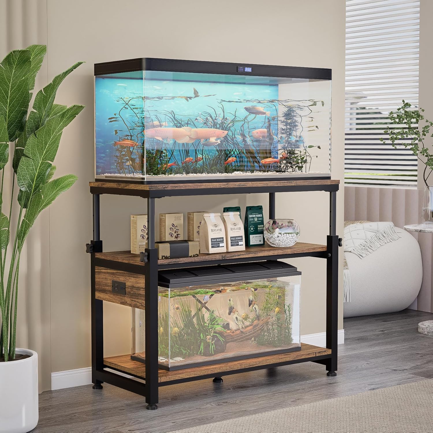 30-40-50 Gallon Aquarium Stand with Storage, 3-Tier Metal Fish Tank Stand with Power Outlet & Adjustable Height, Heavy Duty Turtle Tank Stand for Living Room Bedroom Office, Rustic Brown
