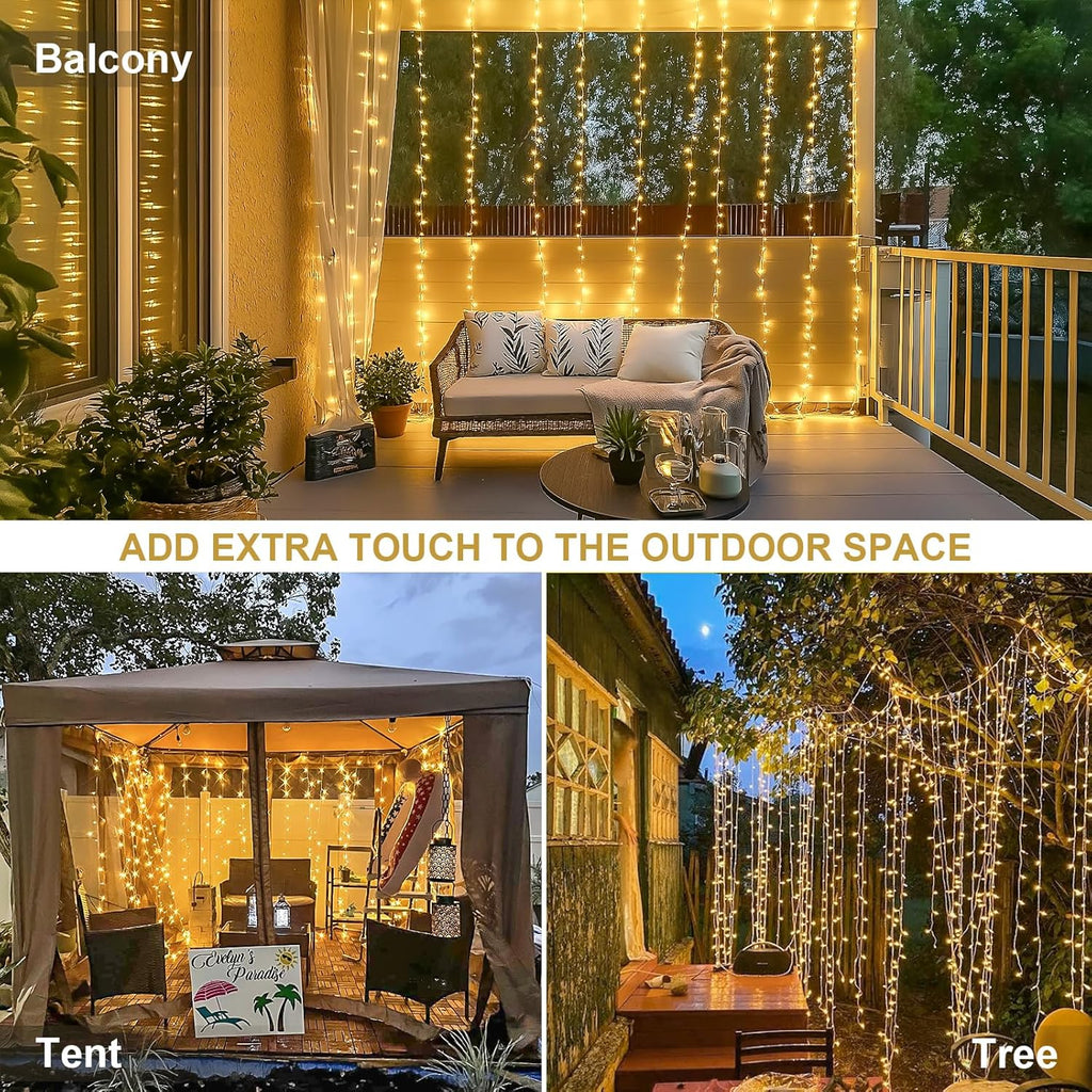 JMEXSUSS 300 LED Remote Control Christmas Curtain Lights, Plug in Fairy Curtain Lights Outdoor, Window Wall Hanging String Lights for Bedroom Backdrop Wedding Party Indoor Patio Xmas Decor, Warm White