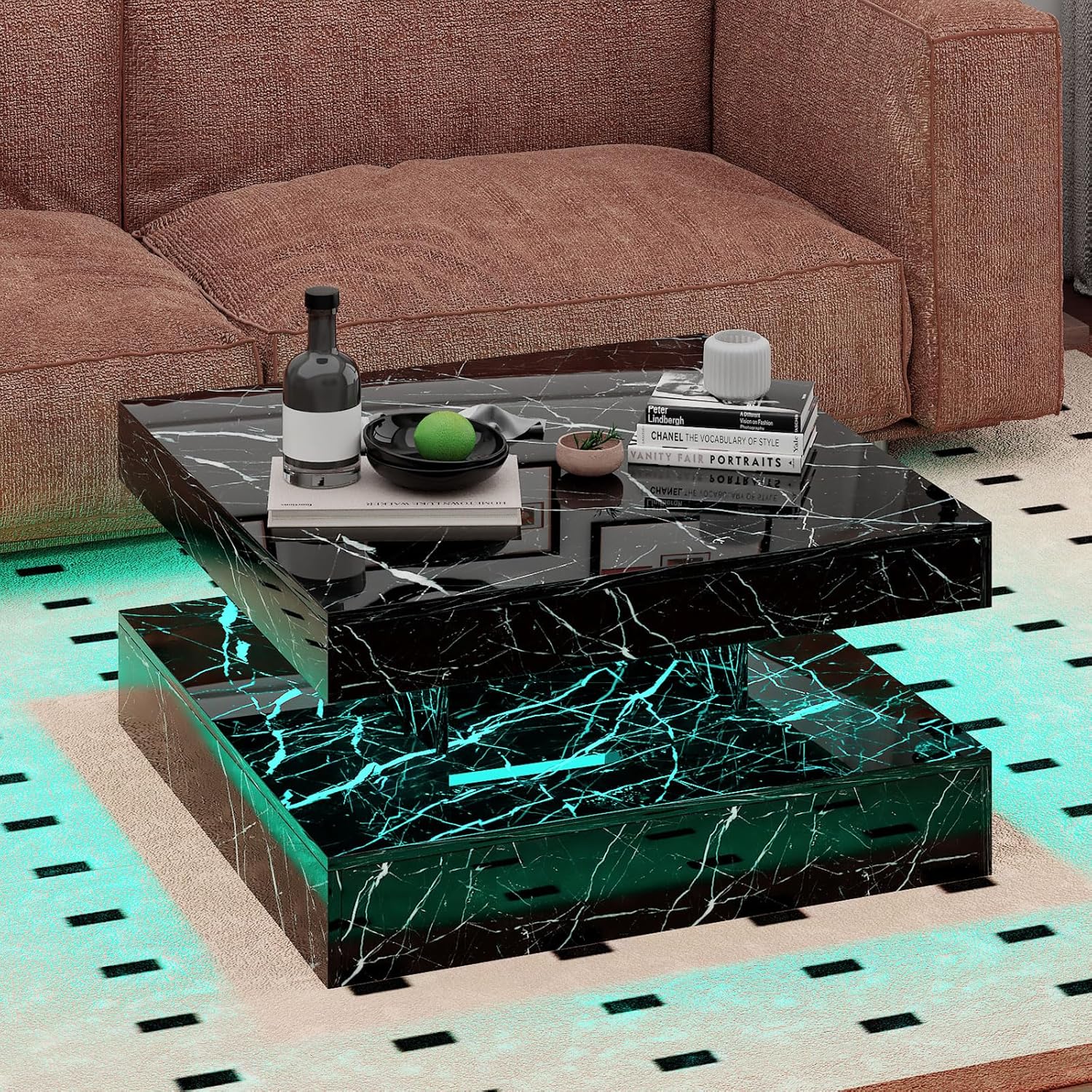 Black Marble LED Coffee Table for Living Room, Living Room Table 2-Tier Square Middle Center Table, Modern Coffee Tables with Storage, Contemporary Wood Tea Tables for Dining Reception