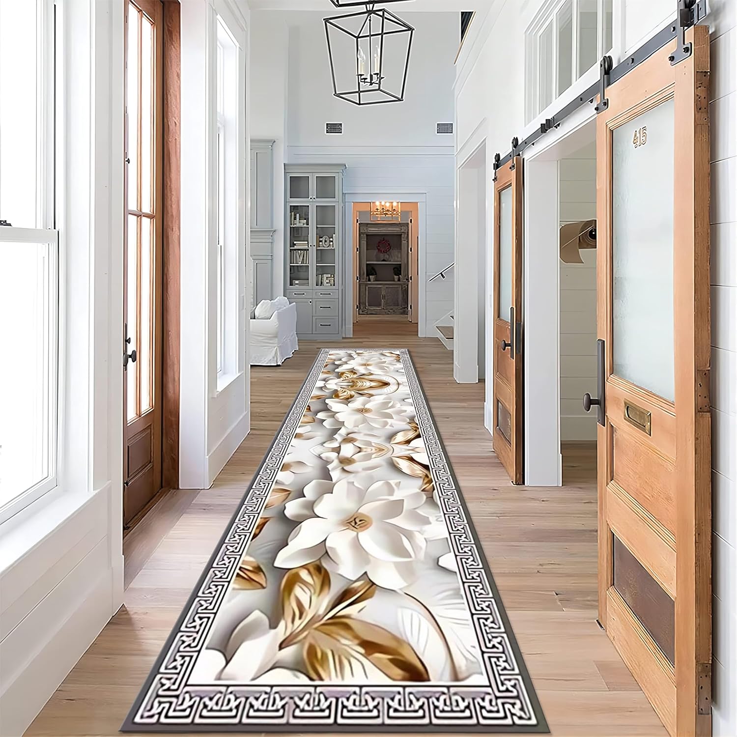 Luxury Flower Hallway Runner Rug, 3.3x7ft, Modern Platinum Flower Runner for Entryway, Printed Fade Resistant Accent Rug, Foldable No Crease Pet Friendly Carpet for Nursery Porch Bedroom