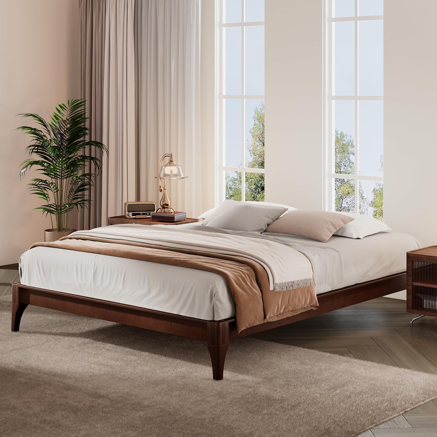Merax Queen Size Bamboo Wood Platform Bed with No Headboard, Under Bed Storage, Wood Slat Support, No Box Spring Needed, Easy Assembly, Chocolate