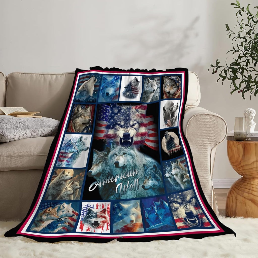 Wolf Throw Blanket American Flag Wolf Stuff Gifts for Kids Girls Boys Adults Women Men Soft Cozy Warm Plush Fluffy Fuzzy Fleece Blanket Decor 60''X80''