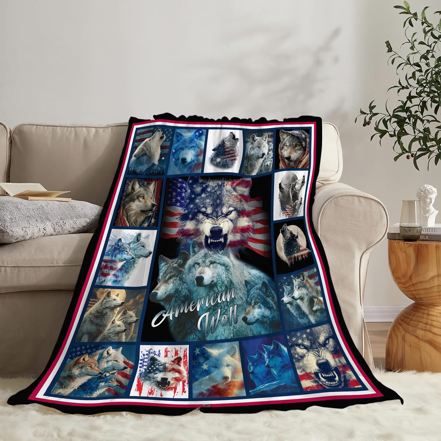 Wolf Throw Blanket American Flag Wolf Stuff Gifts for Kids Girls Boys Adults Women Men Soft Cozy Warm Plush Fluffy Fuzzy Fleece Blanket Decor 60''X80''