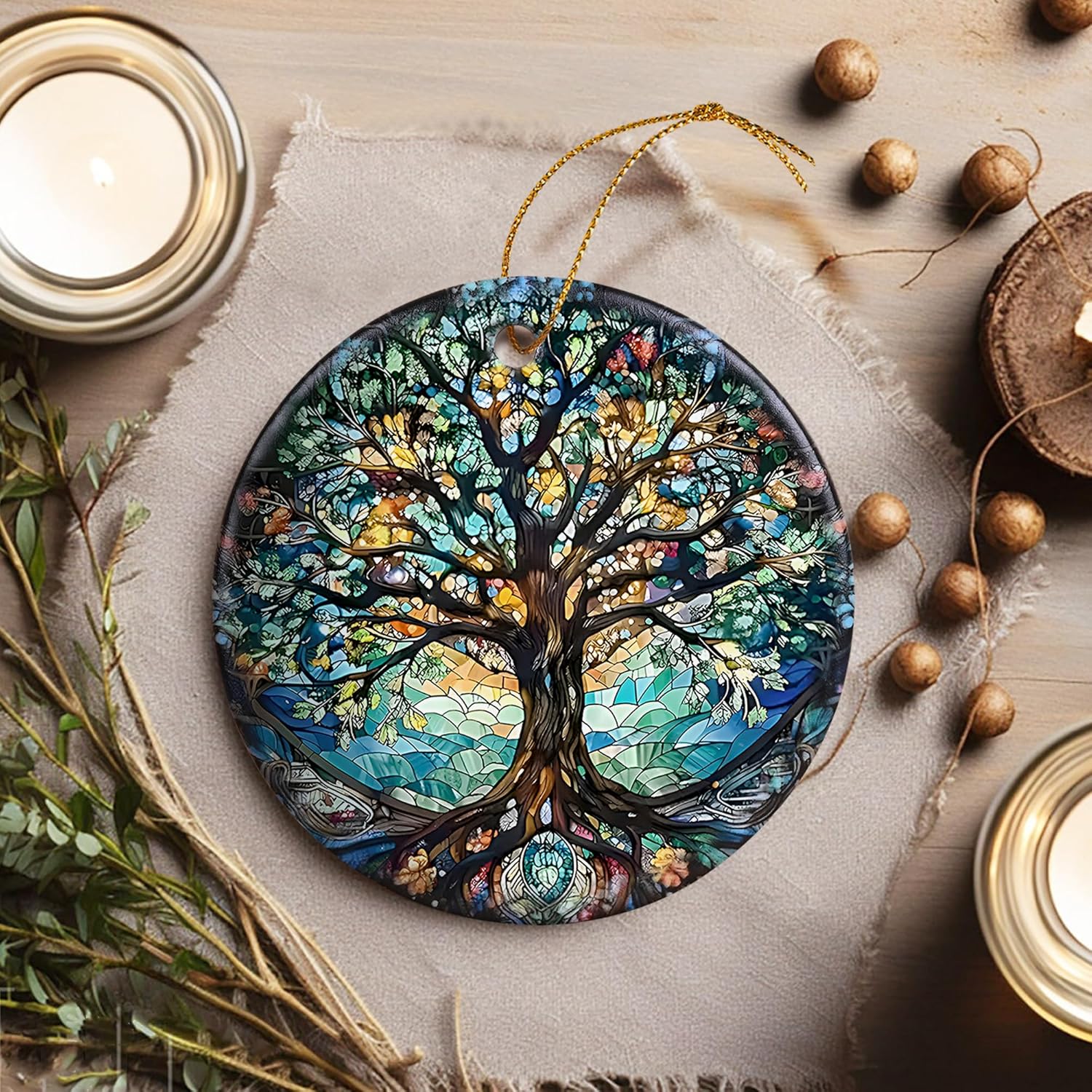 Stained Ceramic Tree of Life Ornament - Christmas Decorations and Holiday Present Ideas - Tree of Life Decor for Office, Room, Home